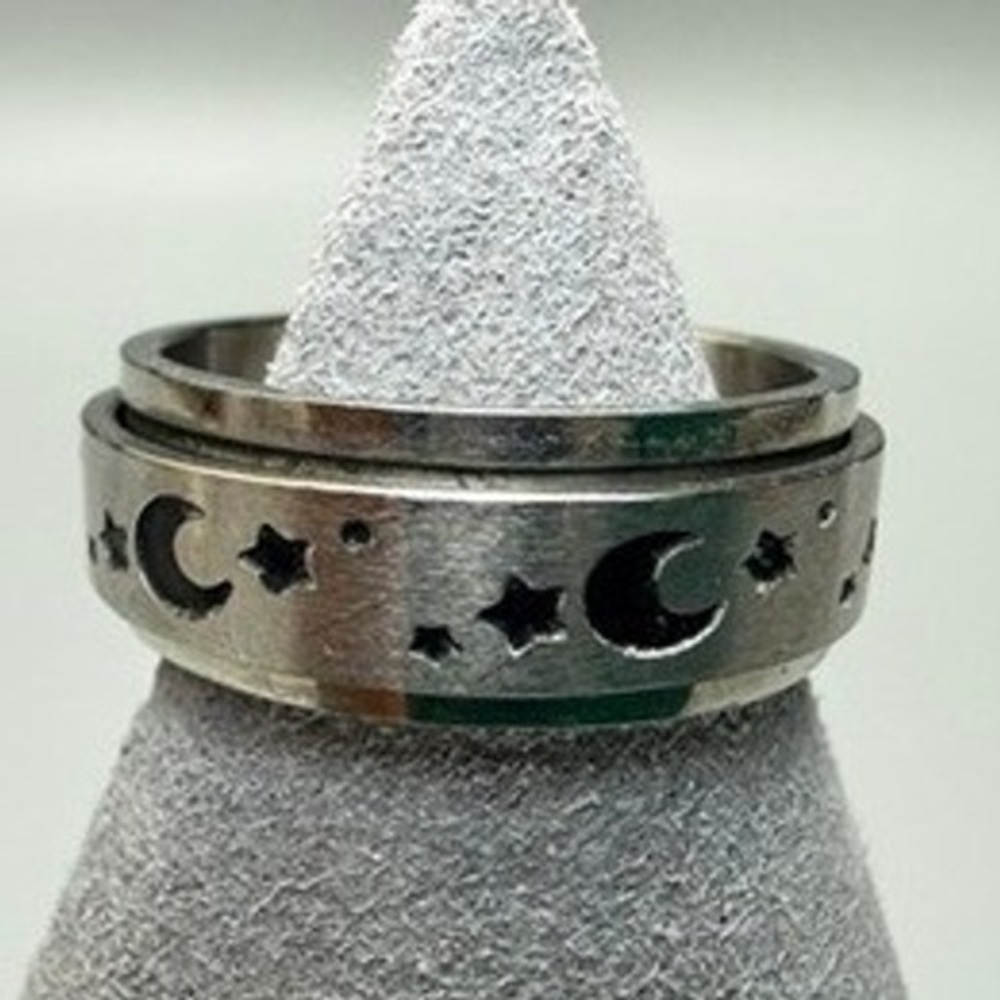 Mens Stainless Steel Silver Moon and Stars Spinner Ring Size 9